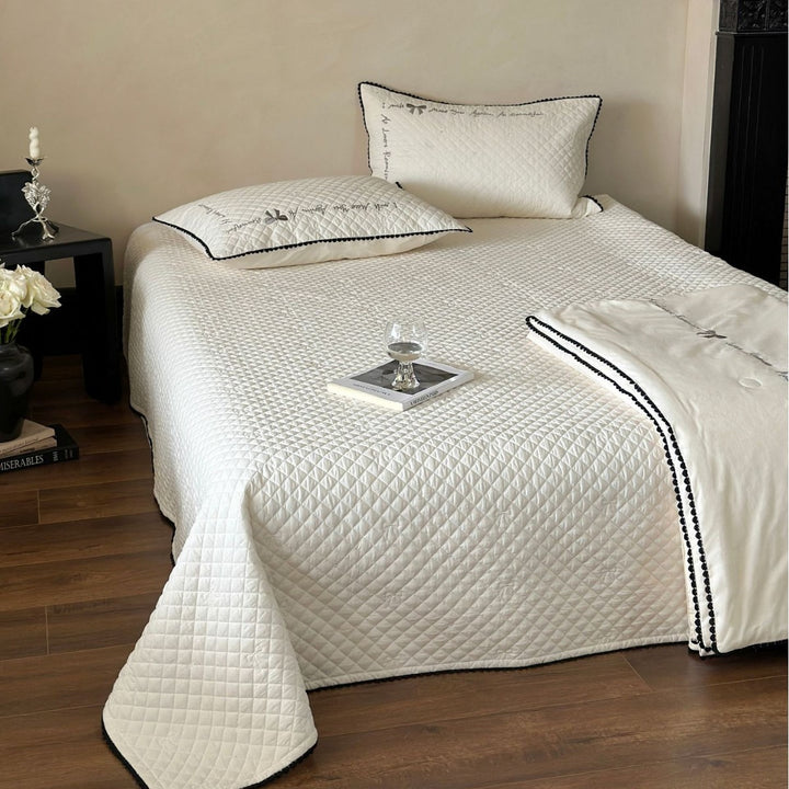Ruffled Quilted Bedspread Ensemble with Euro Sham, Round Ruffle Accent Pillow & Embroidered Detail