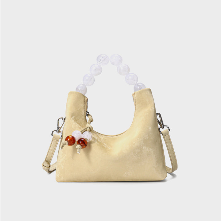Suede Crescent Shoulder Bag with Acrylic Bead Top Handle & Detachable Crossbody Strap