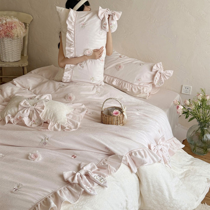 Romantic Ruffled Embroidered Cotton Duvet Cover Set