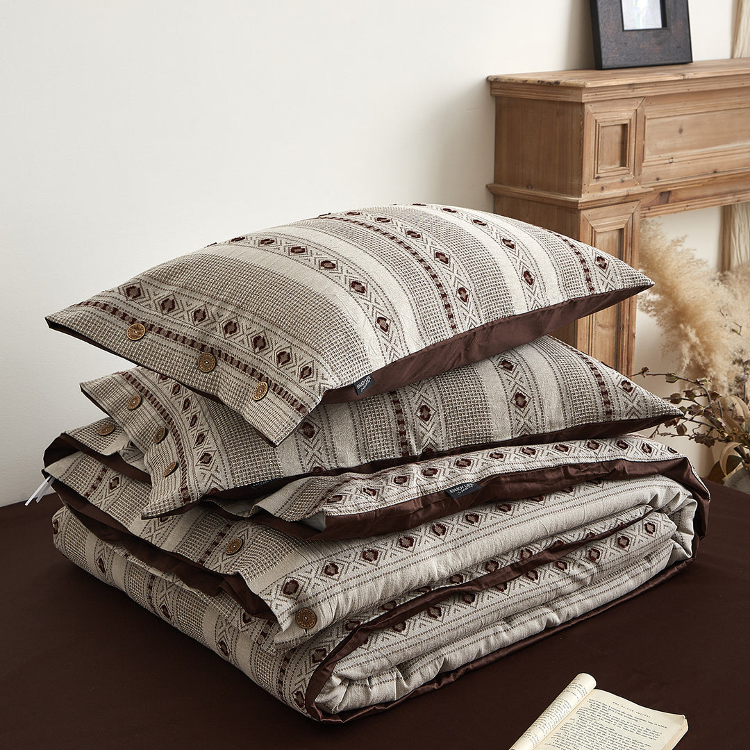 Striped Woven Cotton Duvet Cover Set with Button Closure & Reversible Solid Back