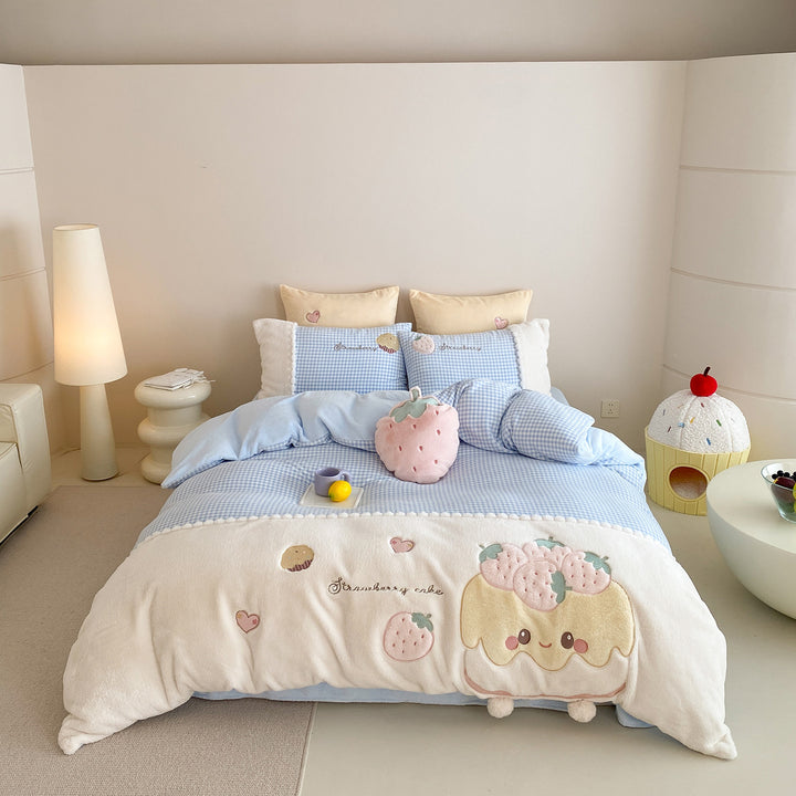 Children's bedding set with embroidered strawberry appliqué, cuddly reversible cover and Vichy check