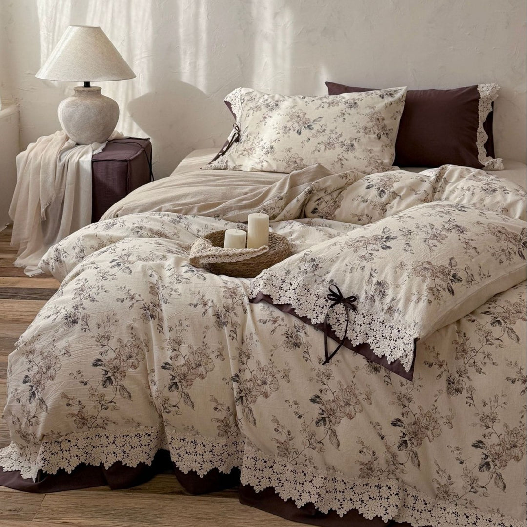 Cottage Floral Cotton-Linen Blend Duvet Cover Set with Crochet Lace Hem and Bow-Tie Pillow Shams
