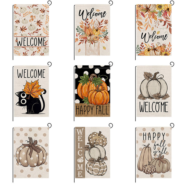Double-Sided Burlap-Texture Autumn Garden Flag with Hand-Illustrated Pumpkins and 'Happy Fall' Typography