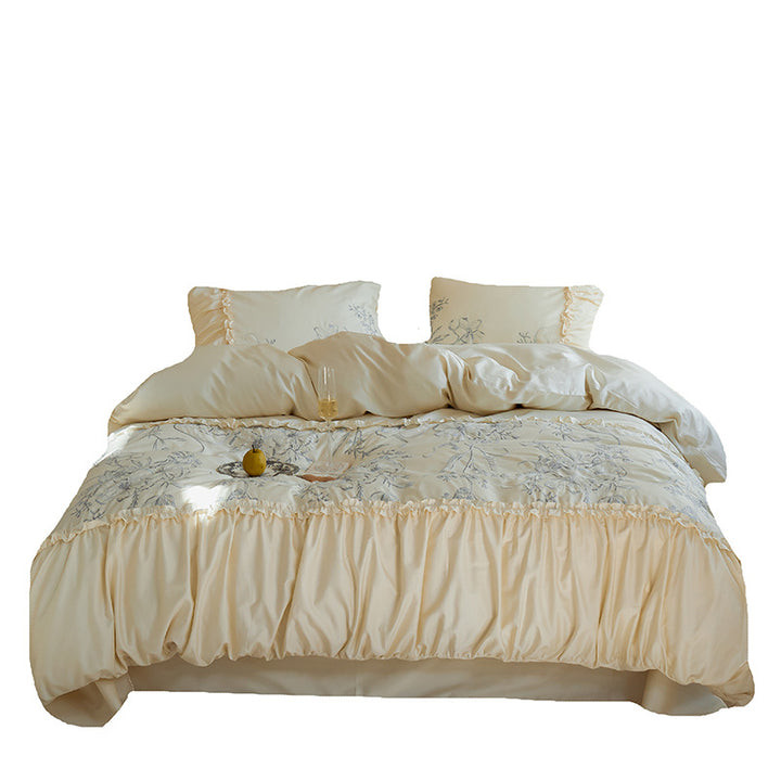 Romantic bed spread with ruffle, floral print and decorative pillow set