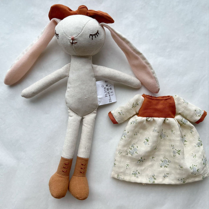 Heirloom-Style Floppy-Ear Bunny Doll with Layered Linen Dress