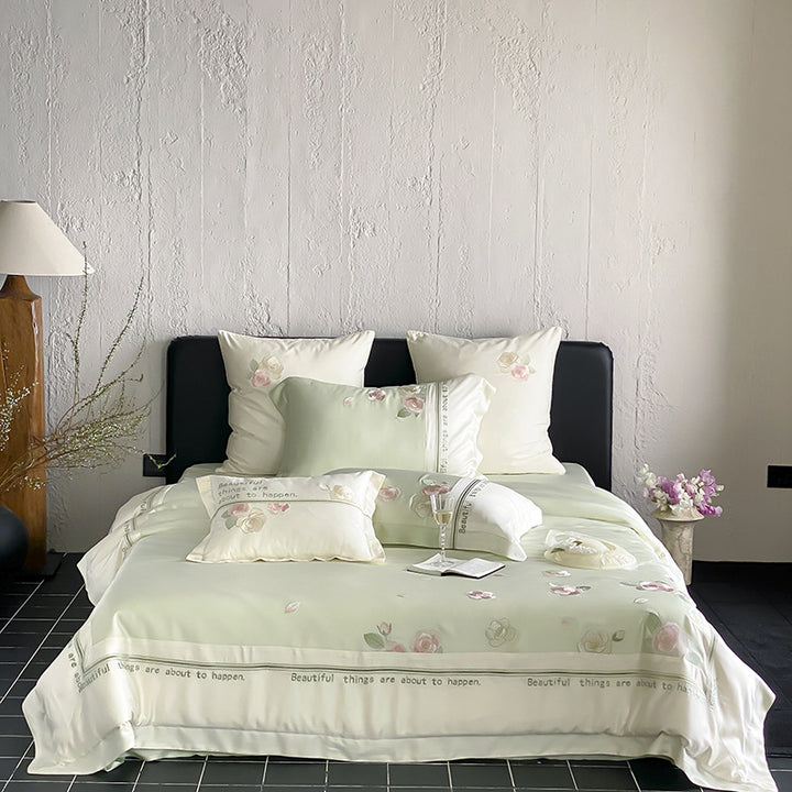 Silk-Blend Botanical Embroidered Duvet Cover Set with Satin Border & Decorative Shams