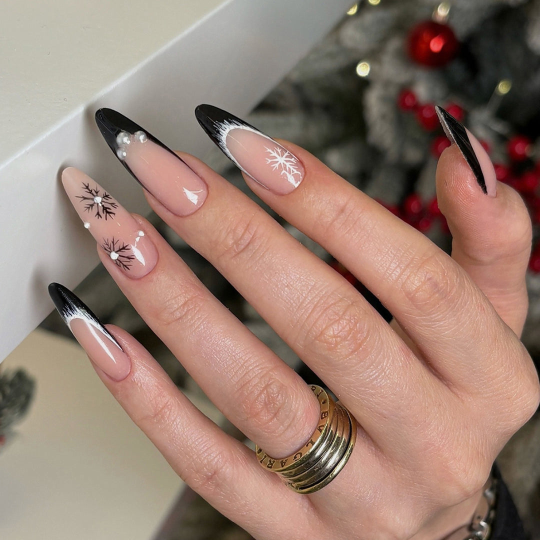 Artistic Stiletto Press-On Nail Set with Decorative Snowflake Designs Stornfield