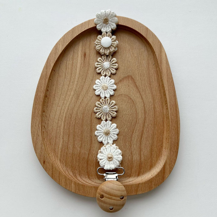 Handmade Crochet Daisy Pacifier Clip with Wooden Safety Clamp