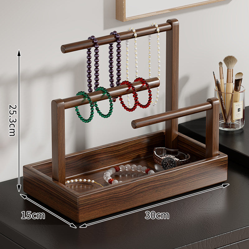 Wooden Jewelry Organizer with Dual Hanging Rails and Deep Storage Tray