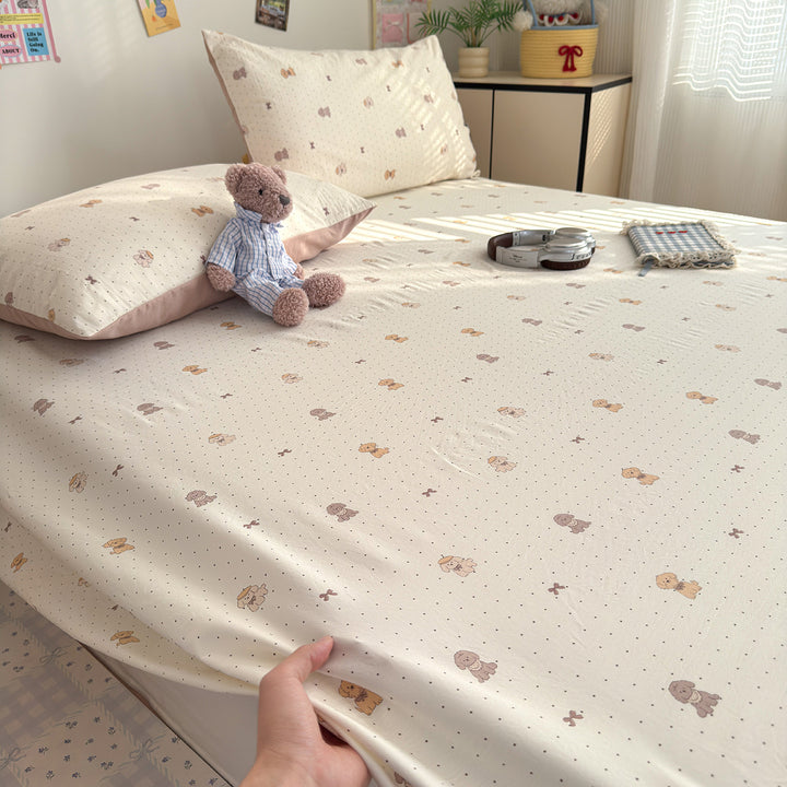 Bow-Print Cotton Sateen Fitted Sheet Set with Pillowcases