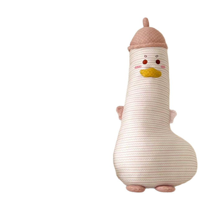 Large cuddly duck body pillow with hat and striped cotton cover