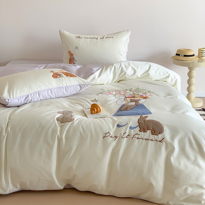 Whimsical Bunny Embroidered Cotton Duvet Cover and Pillowcase Set