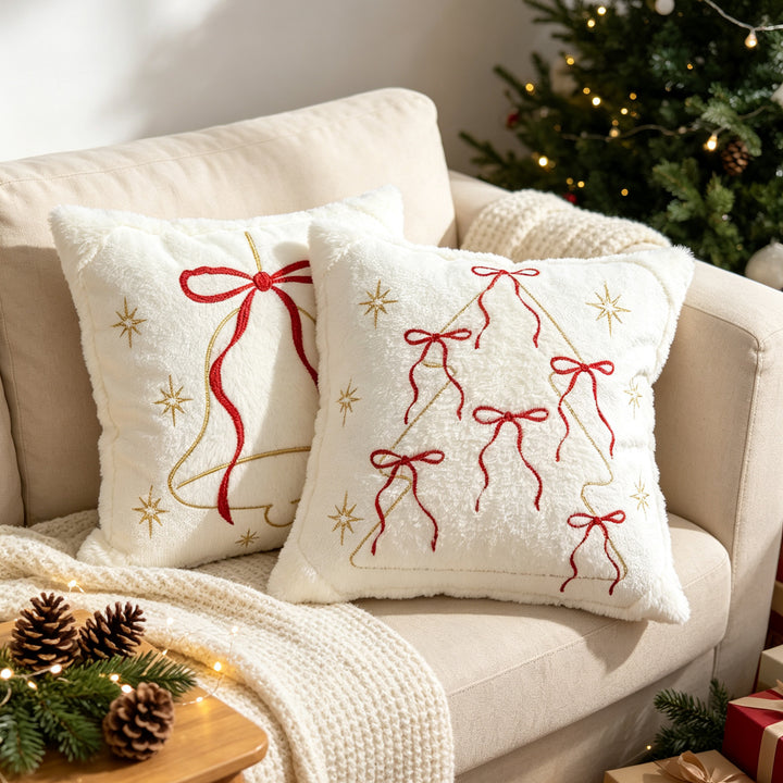 Festive Embroidered Faux-Fur Holiday Throw Pillow