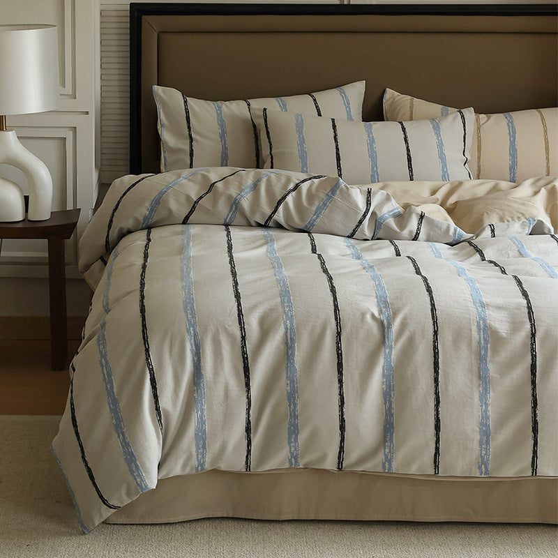 Luxurious cotton satin bedding set with hand-painted vertical stripes and zipper