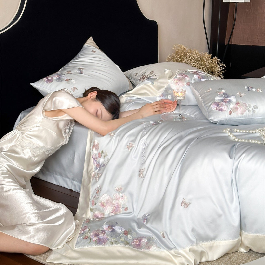 Embroidered Floral Satin-Feel Duvet Cover Set with Lace-Trim Pillow Shams