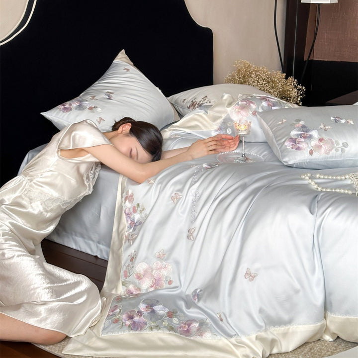 Embroidered Floral Satin-Feel Duvet Cover Set with Lace-Trim Pillow Shams