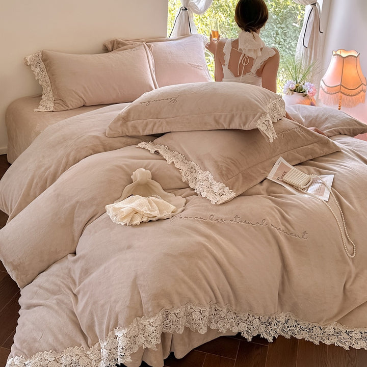 Luxury Lace-Trim Velvet Duvet Cover Set with Embroidered Script Pillow Shams
