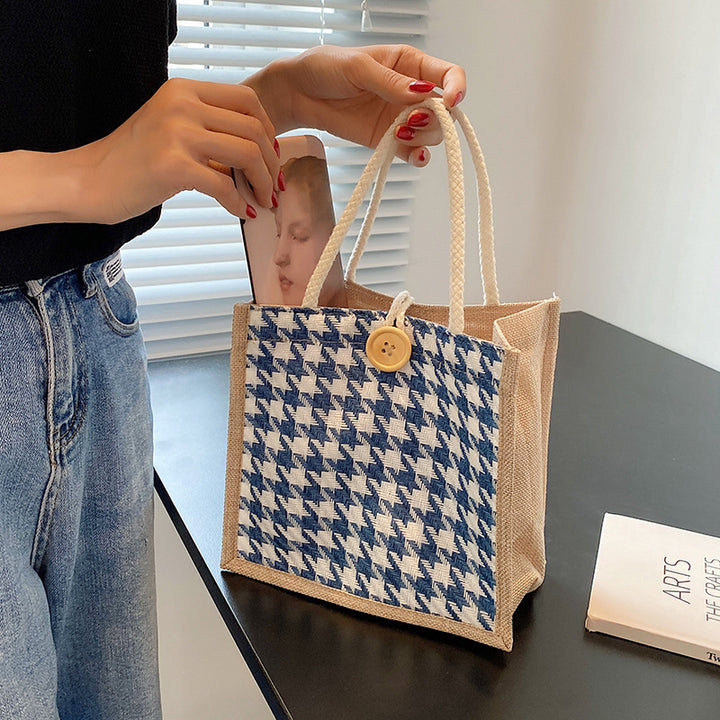 Houndstooth Patterned Canvas Tote Bag