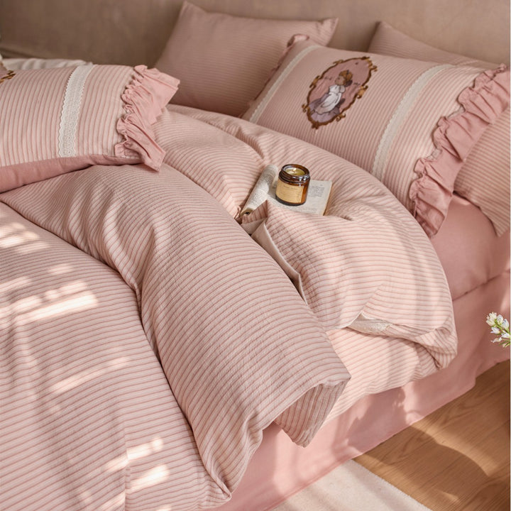 Romantic Ruffled Striped Cotton-Linen Blend Duvet Cover Set with Embroidered Cameo Pillow Shams