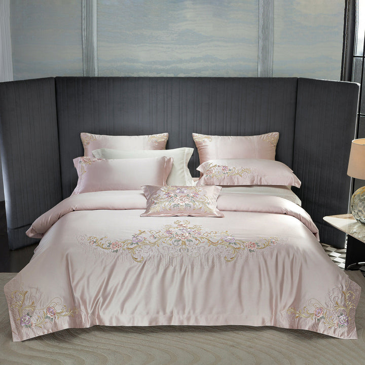 Silk-Look Botanical Embroidered Duvet Cover Ensemble with Decorative Pillow and Euro Shams