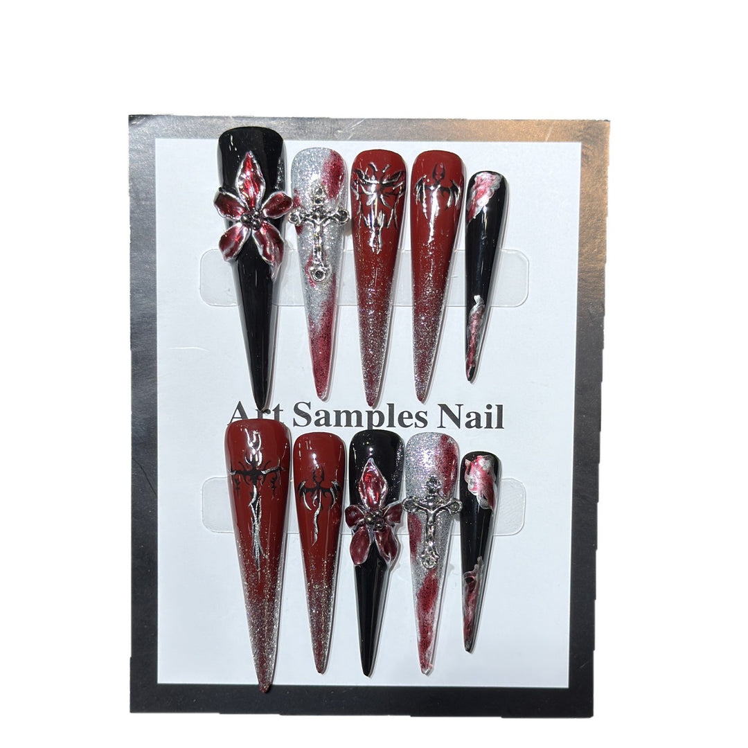 Artistic Stiletto Press-On Nail Set with Unique Gothic Design Elements Stornfield