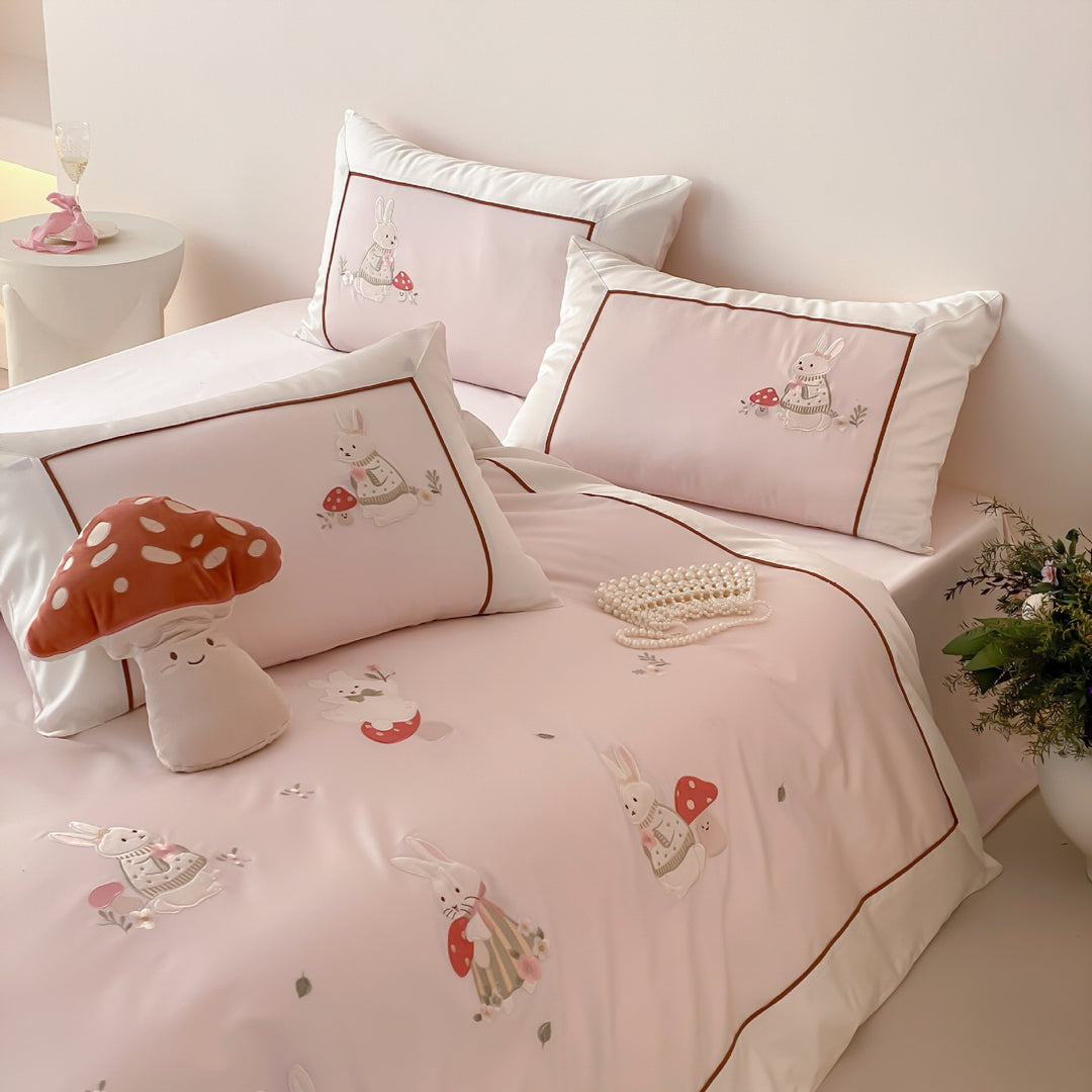 Children's Embroidered Bunny and Mushroom Cotton Sateen Duvet Cover Set