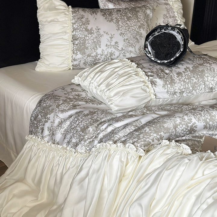 Premium cotton satin duvet cover set with ruffled frill and decorative bed skirt