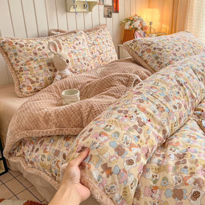 Plush Reversible Sherpa Duvet Cover Set with Quilted Waffle Comforter and Scalloped Pillow Shams
