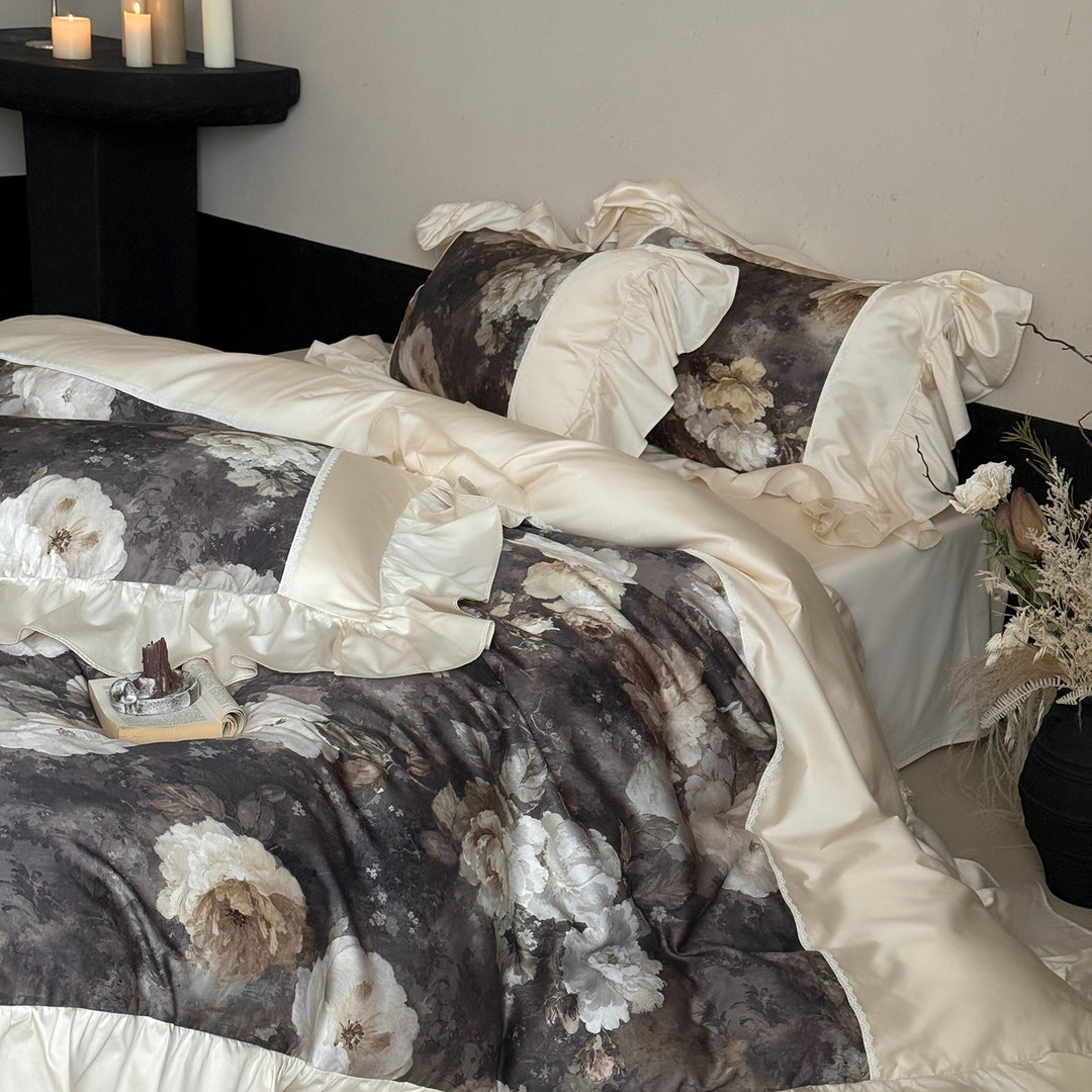 Cotton satin bed linen set with watercolor rose motif, ruffle and decorative trim