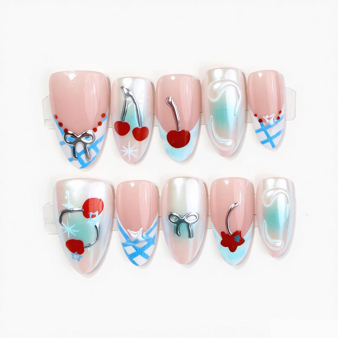 Decorative Press-On Nail Art Set with Charming Cherries and Delicate Accents Stornfield