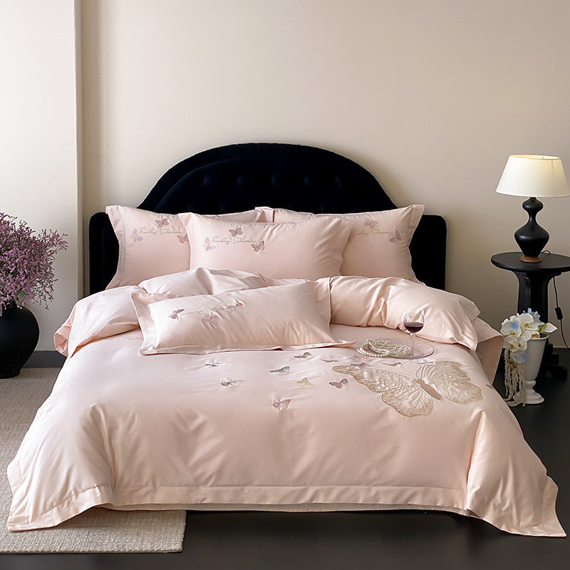 Embroidered Satin Butterfly Duvet Cover Set with Reversible Lilac Sateen and Pillow Shams