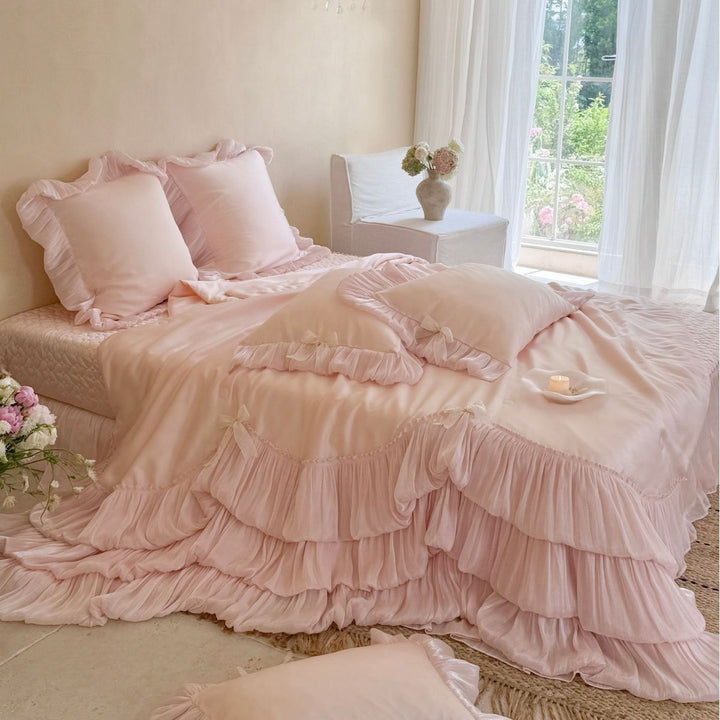 Ruffled Layered Satin Bedspread and Pillow Sham Set with Frilled Edges