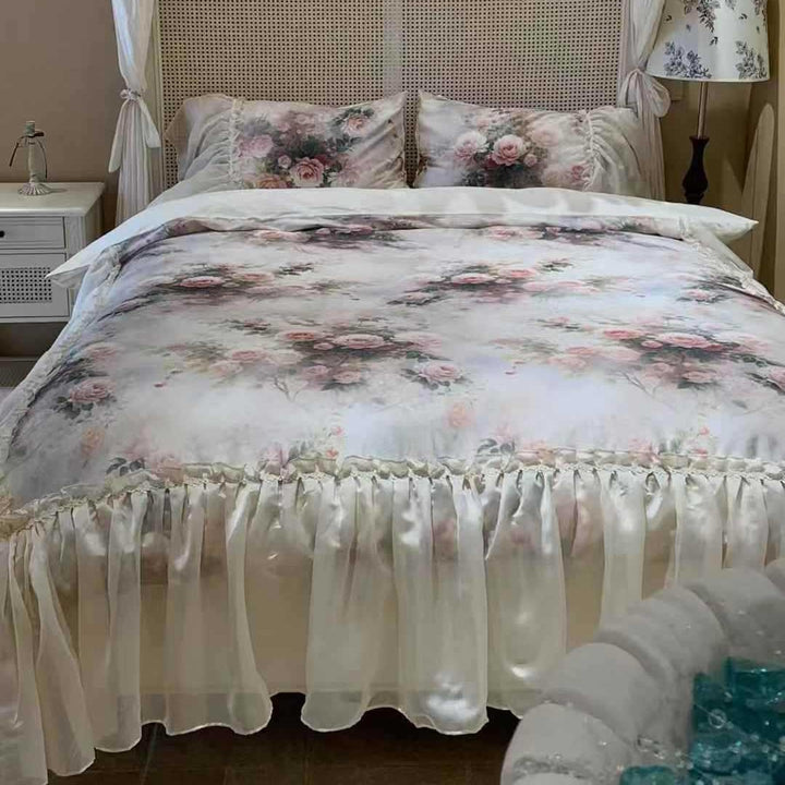 Floral Satin-Blend Ruffled Duvet Cover Set with Pillow Shams and Sheer Bed Skirt