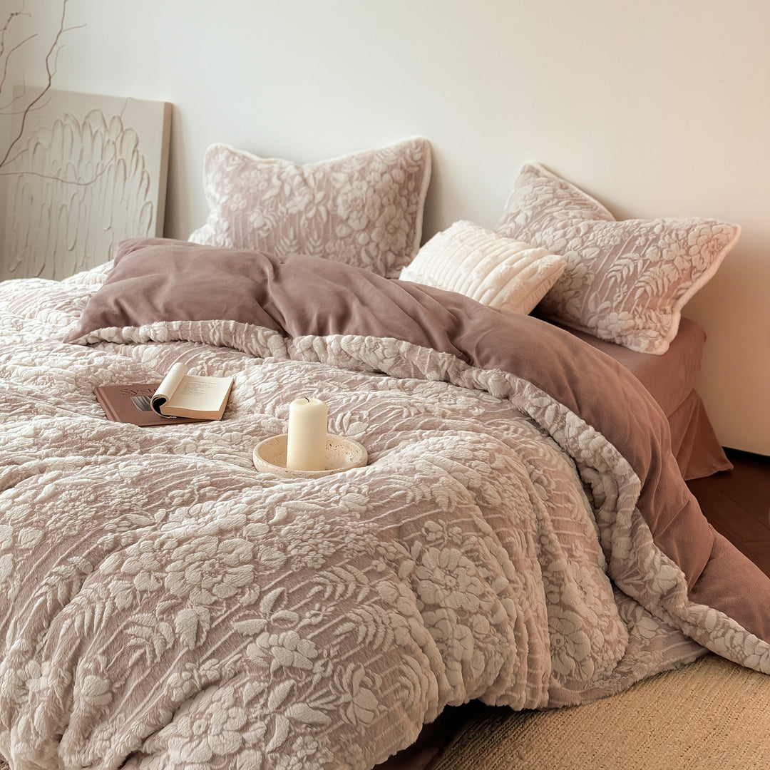 Embossed Plush Floral Quilted Reversible Duvet Cover Set with Matching Shams