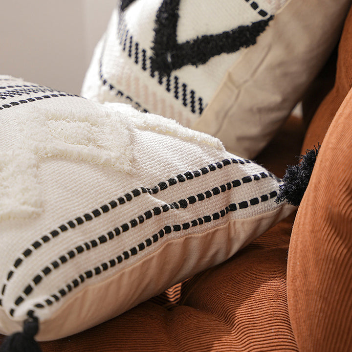 Rectangular Woven Lumbar Decorative Pillow with Tufted Diamonds and Tassels