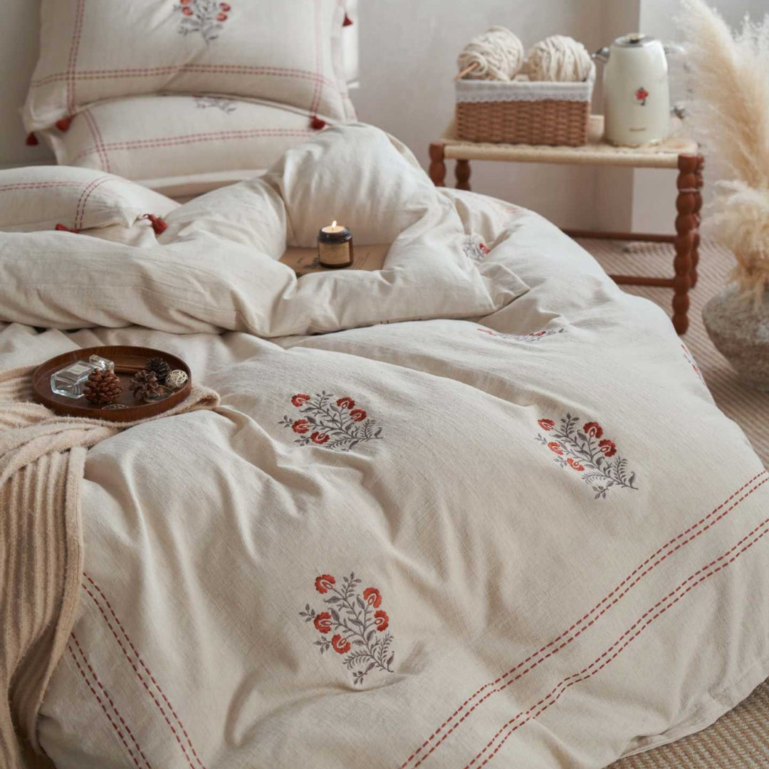 Embroidered Floral Cotton-Linen Duvet Cover Set with Tassel Corners and Decorative Pillow Shams