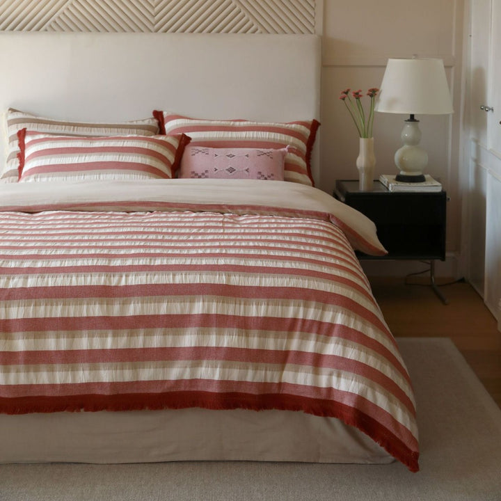 Striped Cotton-Linen Lightweight Quilted Duvet Cover Set with Fringed Edge