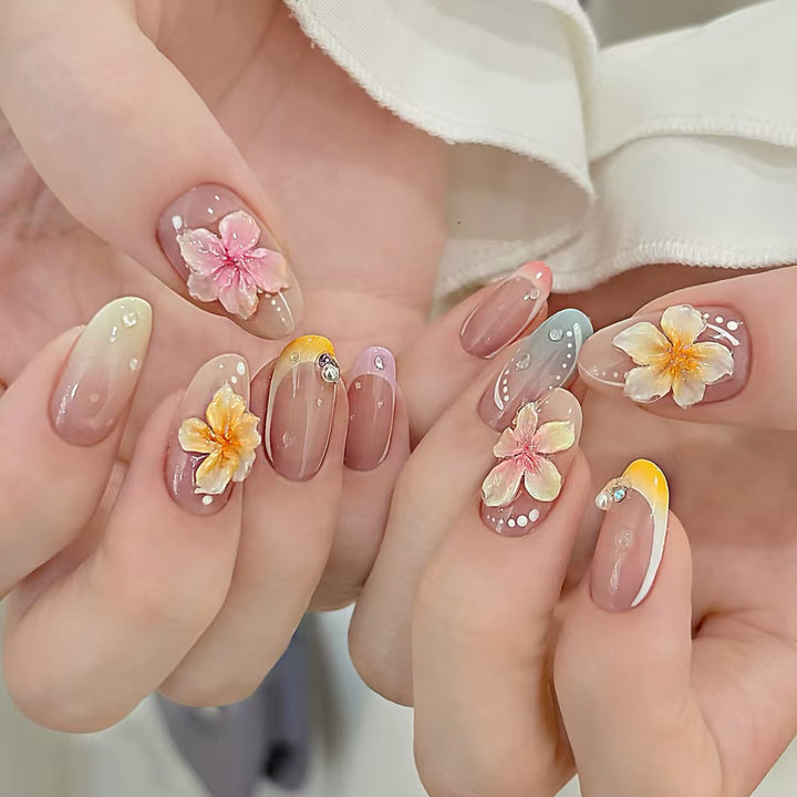 Artistic Press-On Nail Set with Floral and Ombré Designs Stornfield