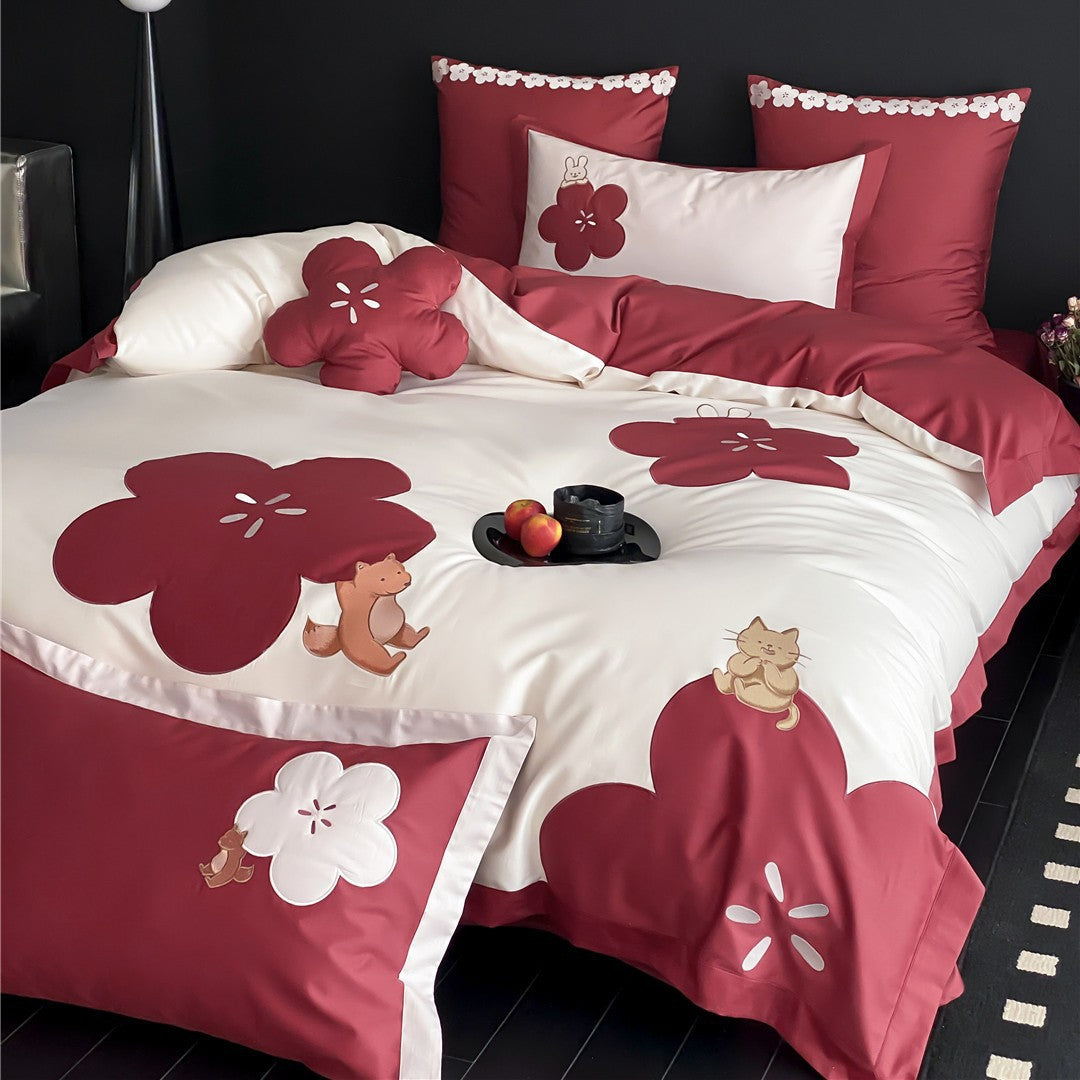 Cotton Sateen Duvet Cover Set with Embroidered Fox and Cat Appliqué