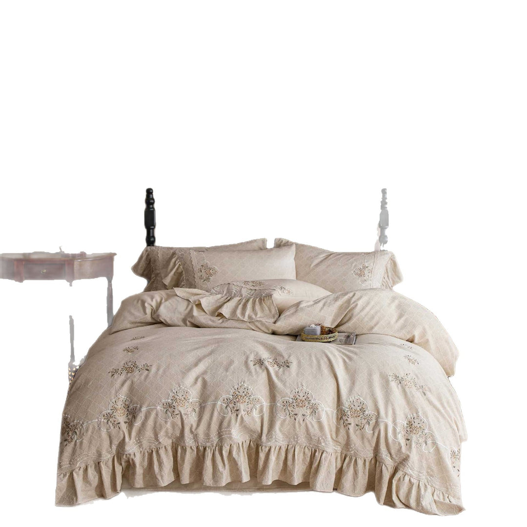 Embroidered Ruffled Cotton Duvet Cover Set with Skirted Bedspread