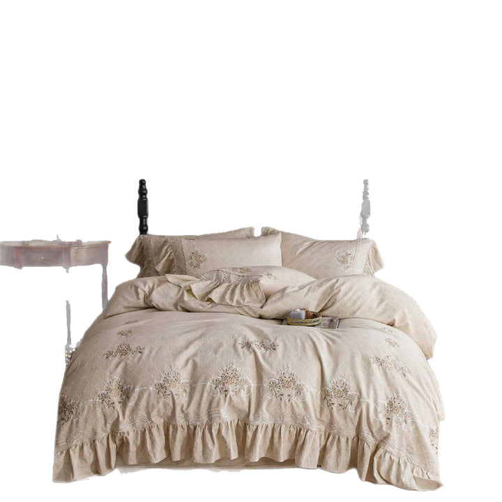 Embroidered Ruffled Cotton Duvet Cover Set with Skirted Bedspread
