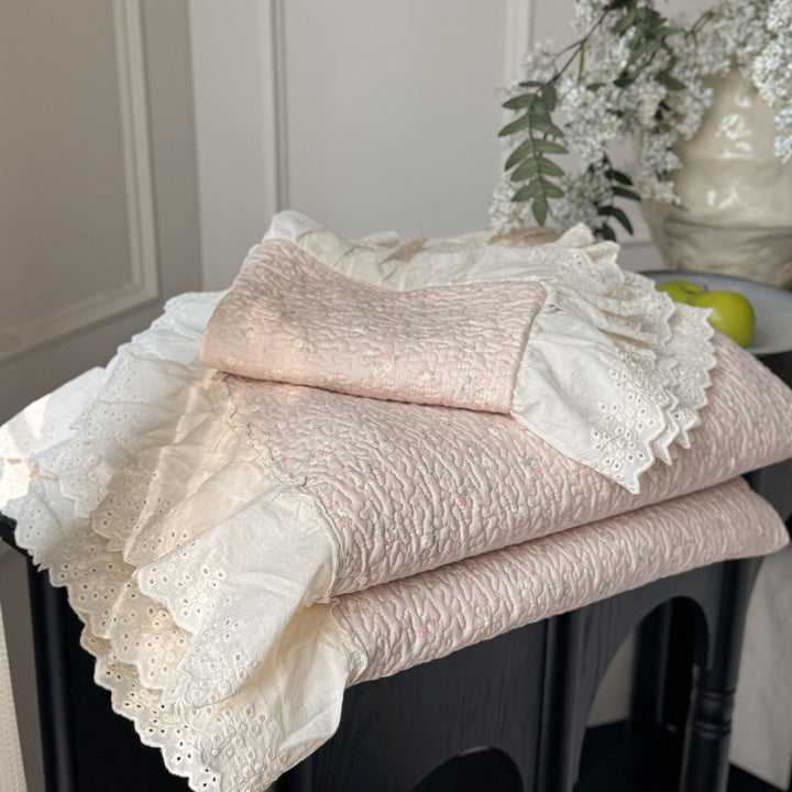 Quilted Ruffled Eyelet Lace Bedspread with Matching Frilled Pillow Shams