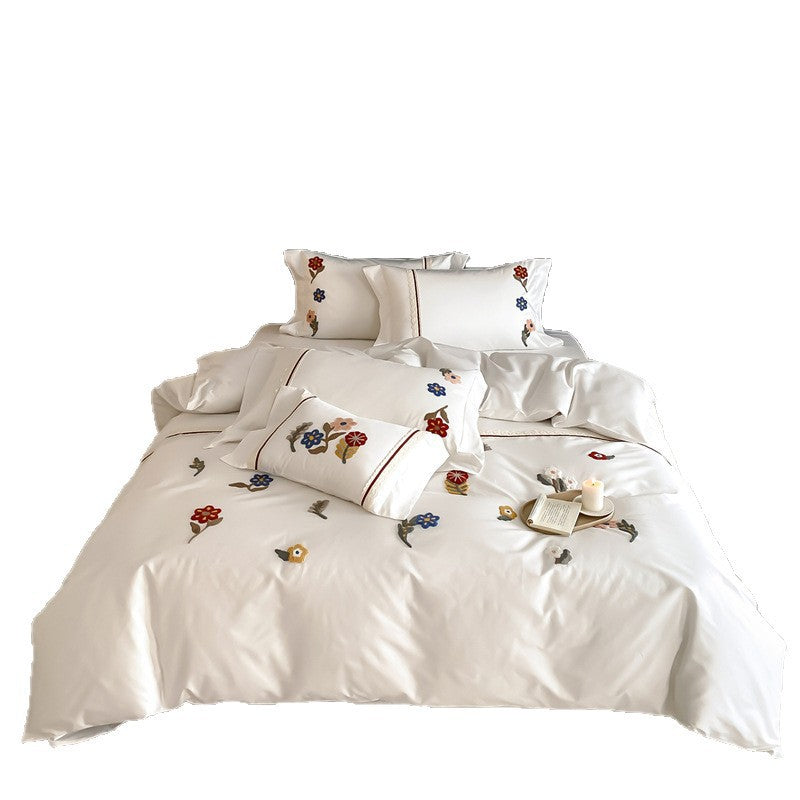 Embroidered Floral Luxury Cotton Duvet Cover Set with Decorative Pillow Shams