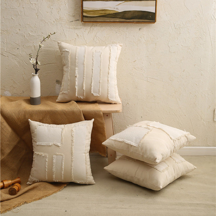 Fringed Patchwork Linen-Blend Square Decorative Throw Pillow Cover