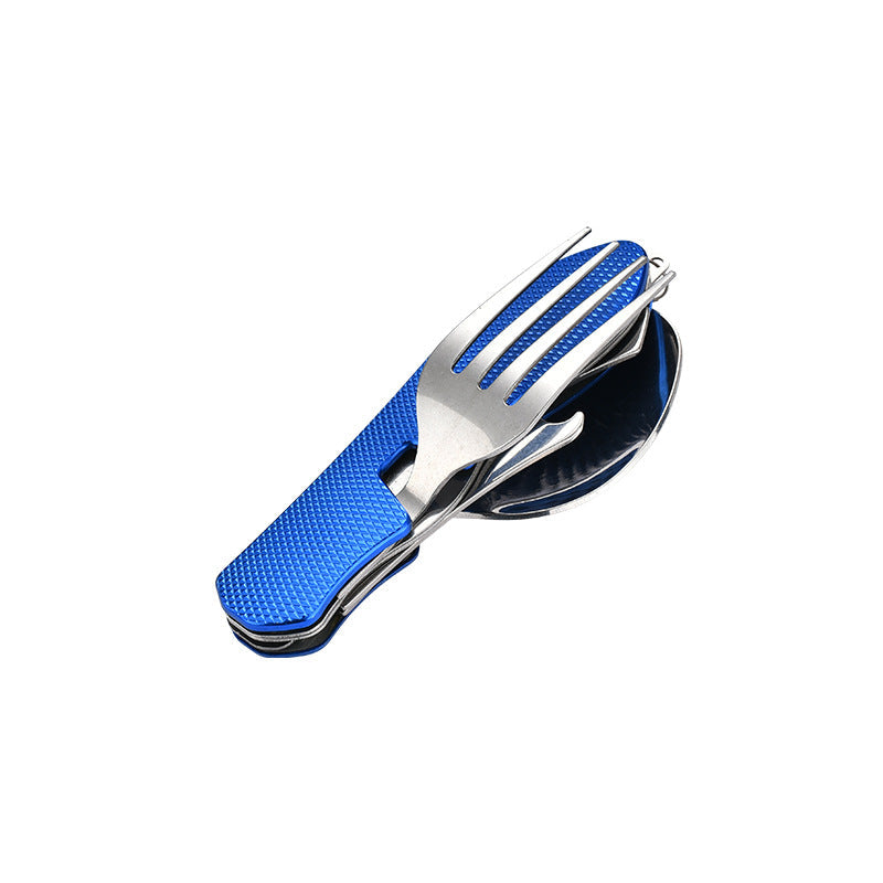 folding stainless steel camping cutlery set with textured grip locking hinge and compact travel clip Stornfield