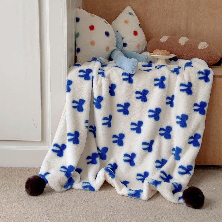 Plush Gingham Check Embroidered Fleece Throw Blanket with Bear Applique