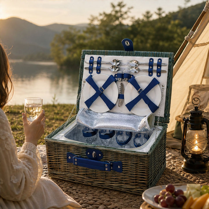 Ladies Luxury Picnic Basket with Offset Dish Compartment and Floral Lining Stornfield