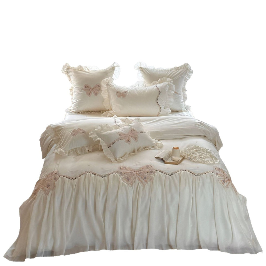 Romantic bedding set with chiffon ruffle, delicate lace and butterfly embroidery