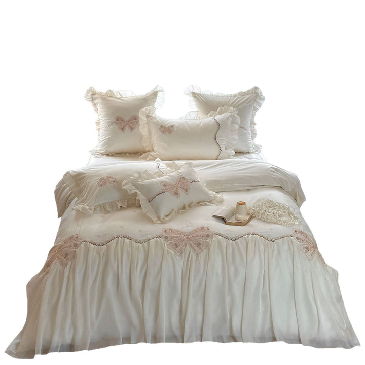 Romantic bedding set with chiffon ruffle, delicate lace and butterfly embroidery