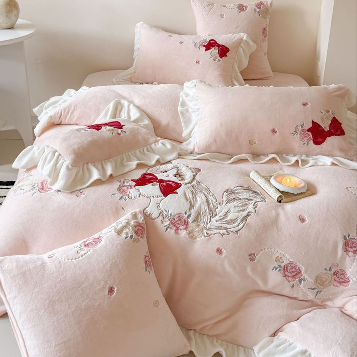 Embroidered Dog & Bow Ruffled Duvet Cover Set with Scalloped Ruffle Skirt and Decorative Pillow Shams